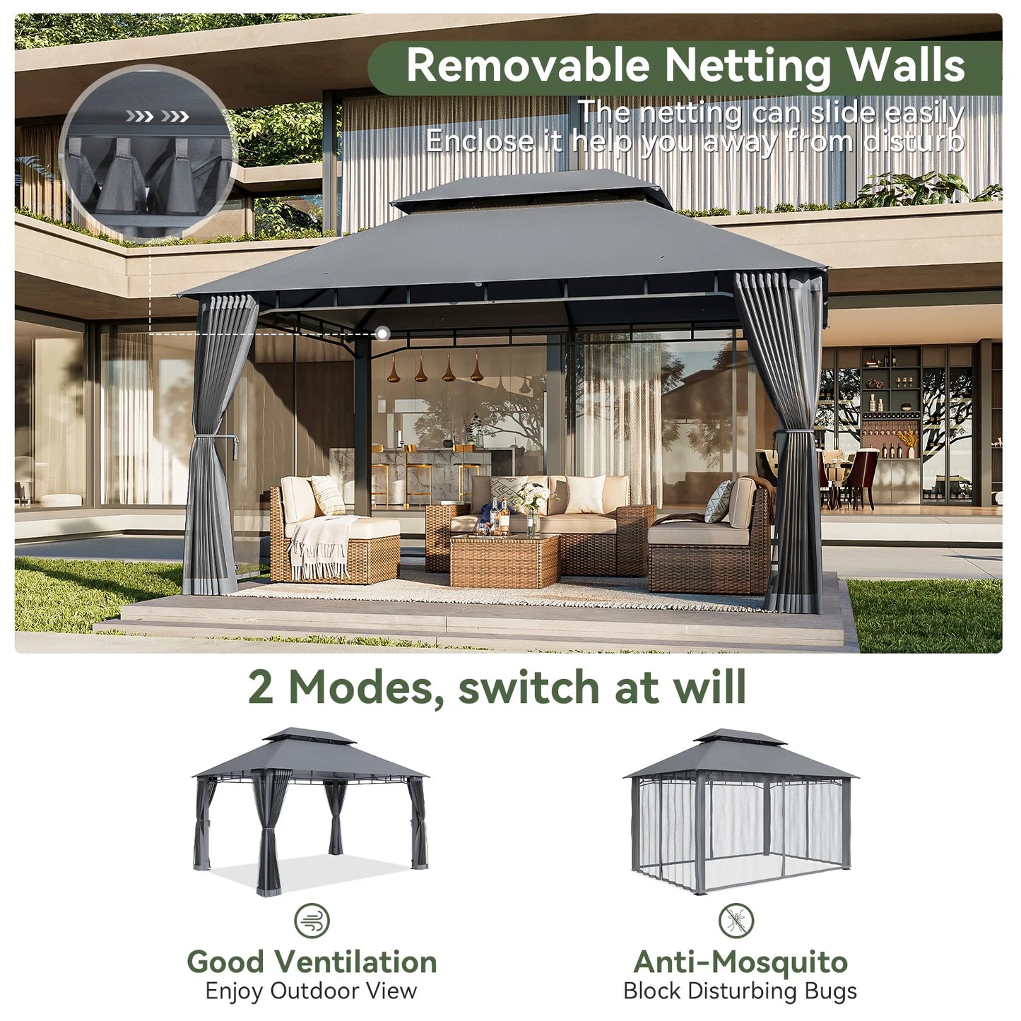 AOXUN Outdoor Gazebo for Patio 10x13, Metal Frame Canopy with Double Roofs, Heavy Duty Party Tent and Shelter with Mosquito Nettings for Backyard, Lawn, Garden,Gray