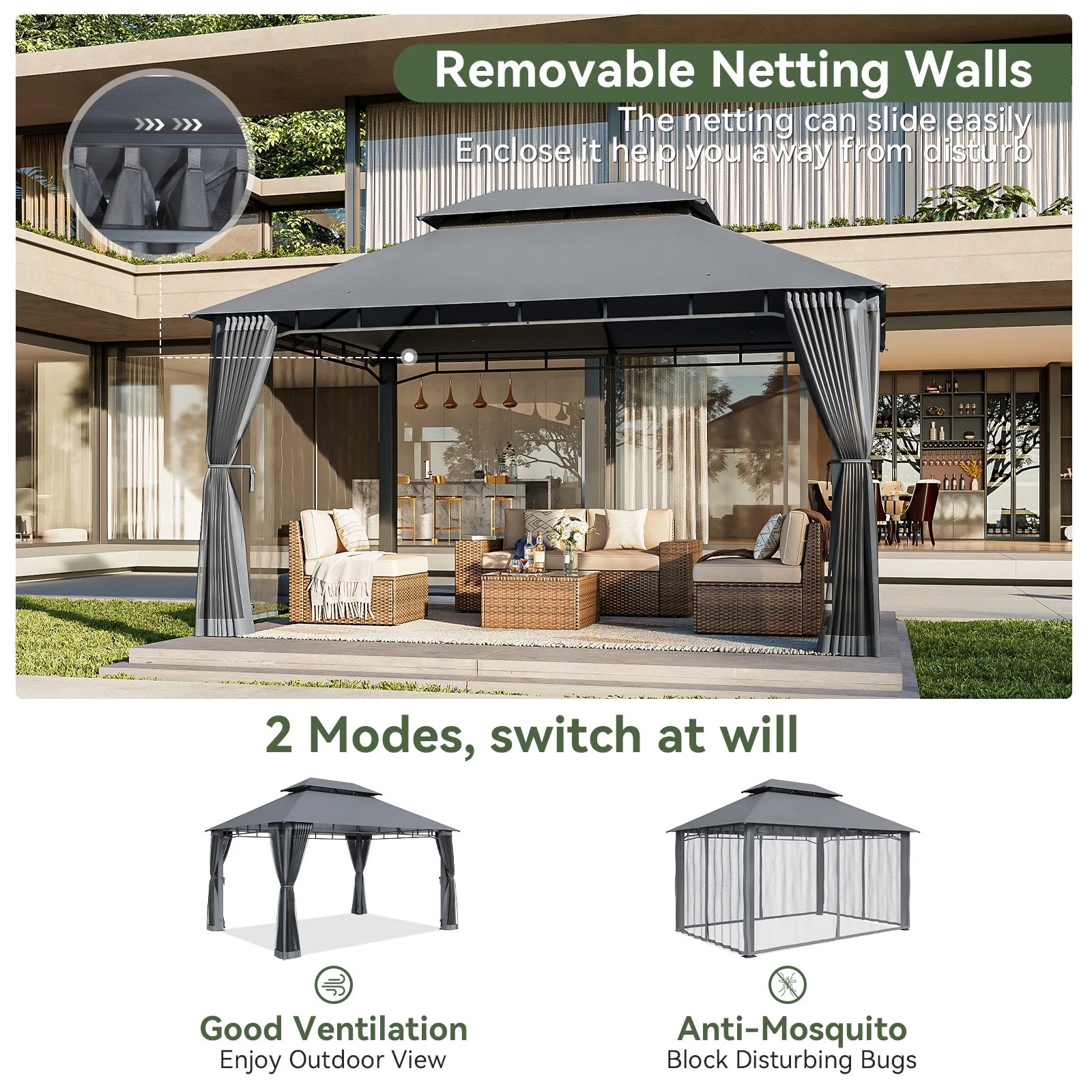 AOXUN Outdoor Gazebo for Patio 10x13, Metal Frame Canopy with Double Roofs, Heavy Duty Party Tent and Shelter with Mosquito Nettings for Backyard, Lawn, Garden,Gray