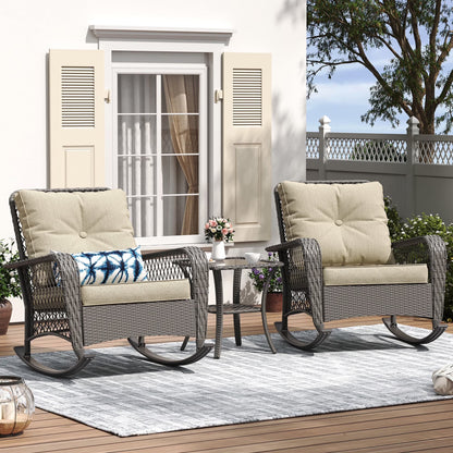 ELPOSUN 3-Piece Outdoor Rocking Chairs, Wicker Patio Furniture with Thickened Cushions and Table for Porch