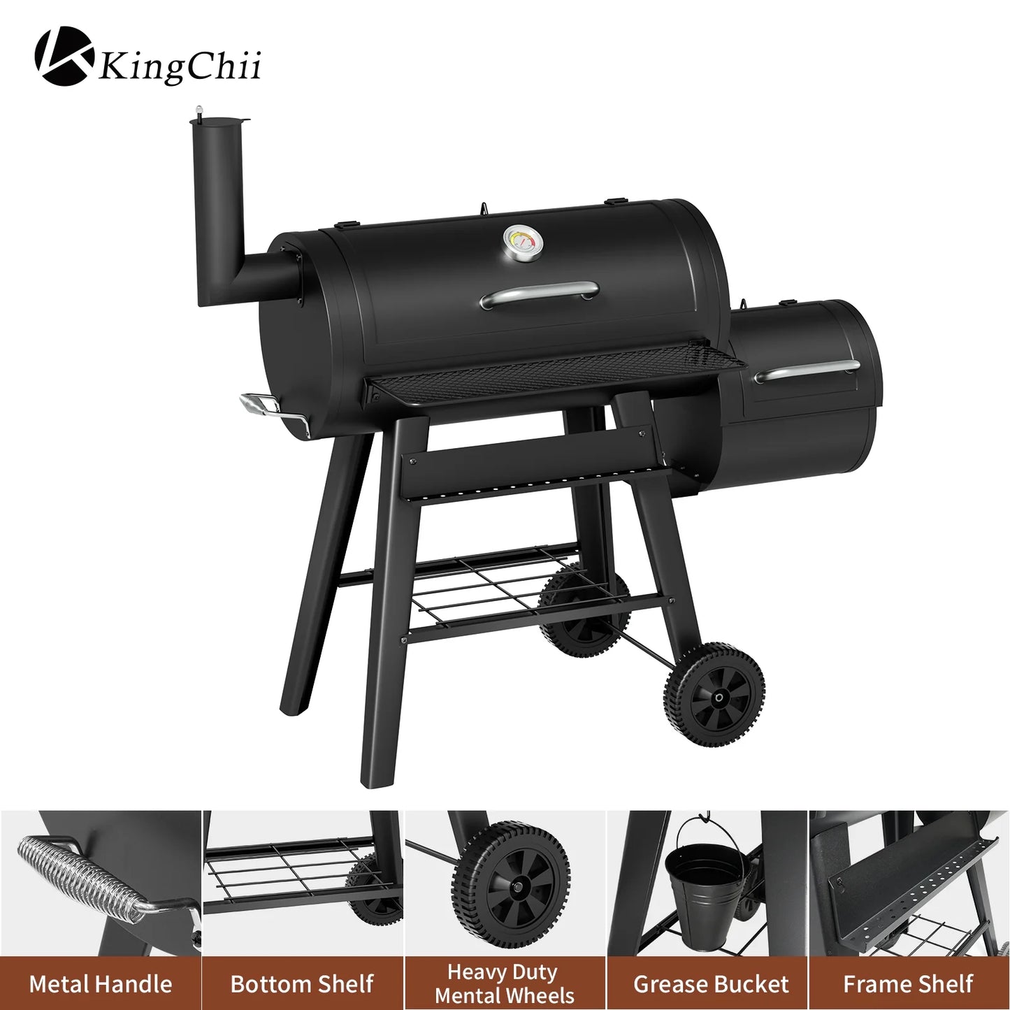 KingChii Heavy Duty Charcoal Grills with Charcoal Wood Offset Smokers for Outdoor Patio BBQ Grilling, 547 SQ.IN.