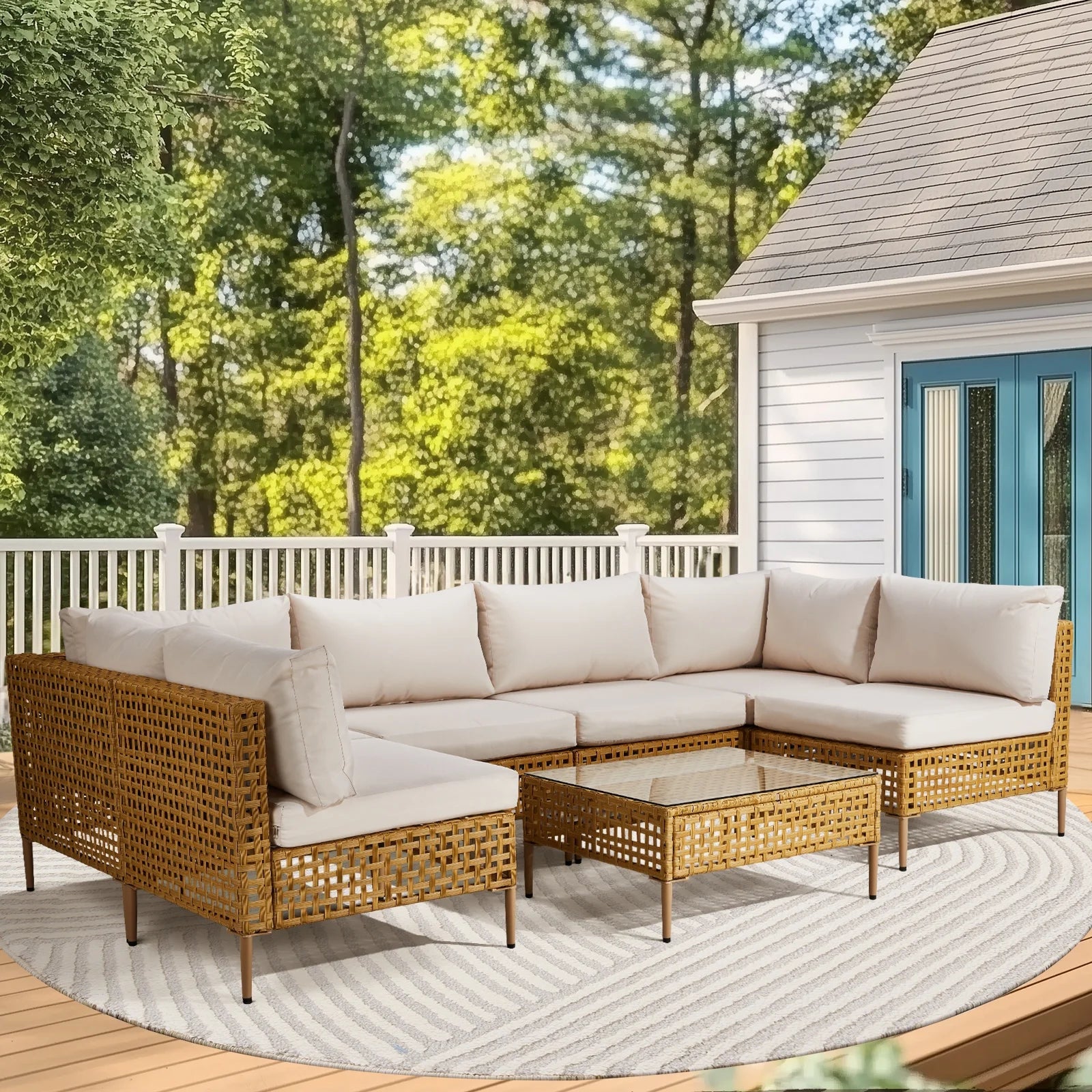 Ktaxon 7-Piece Wicker Patio Furniture Set, Patio Furniture Set with Water Resistant Thick Cushions and Coffee Table, Beige