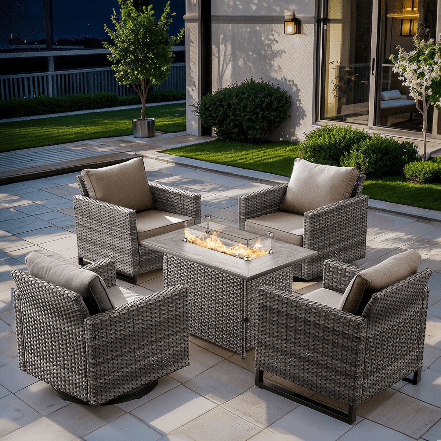 Gymojoy 5 Pieces Outdoor Swivel Rocker Chairs Patio Furniture Set with Gas Fire Pit Table, Wicker Patio Conversation Fire Pit Table Set for Garden, Deck, Porch, Backyard,Beige