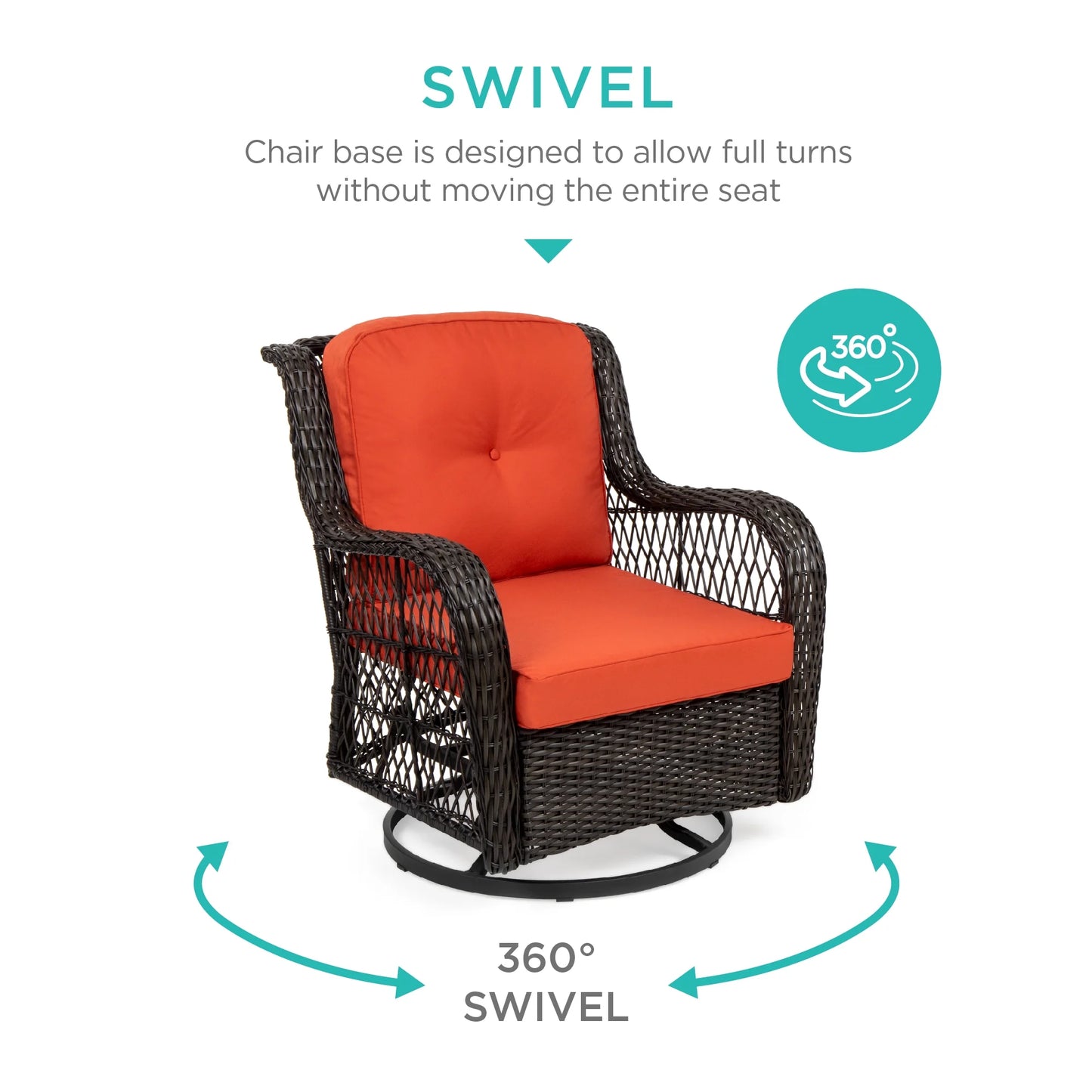 Best Choice Products 3-Piece Patio Wicker Bistro Furniture Set w/2 Cushioned Swivel Rocking Chairs, Side Table - Rust