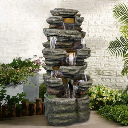 Willwolfer Rockery Outdoor Floor Water Fountain with Light LED 47.2" High Cascading Waterall for Yard Garden Patio Deck Home