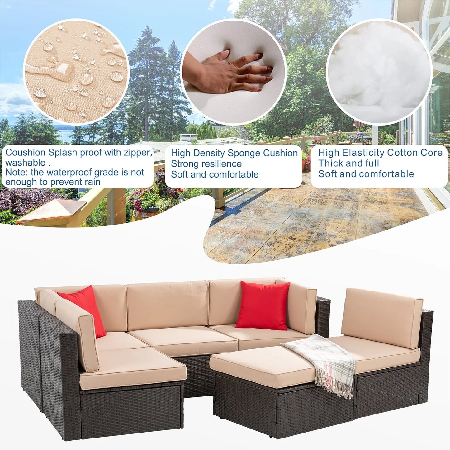 Sobaniilo 6 Pieces Patio Furniture Sets, All Weather PE Wicker Outdoor Conversation Set with Glass Table (Beige)