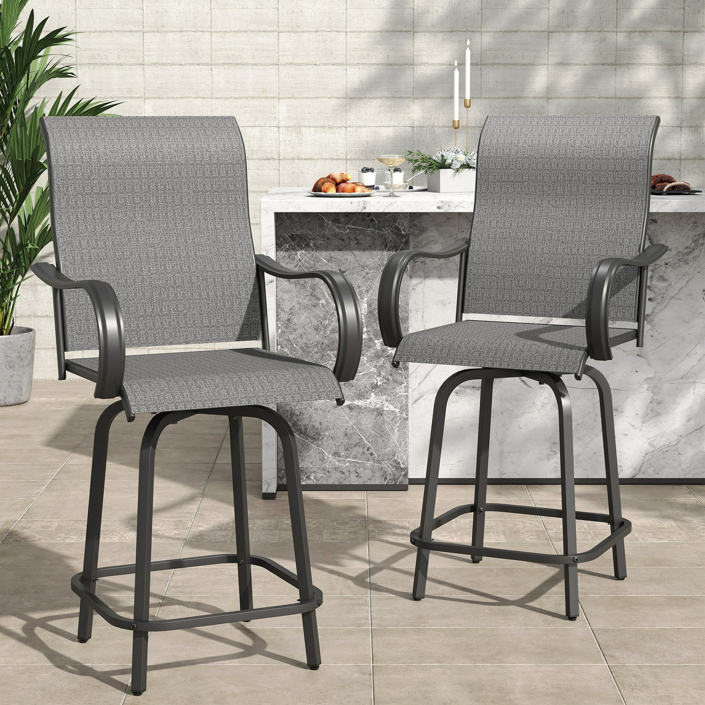 Poteban Patio Bar Height Table with Umbrella Hole, 2-Tier High Top Outdoor Bistro Table, Square Tempered Glass Metal Table for Patio, Lawn, Bar