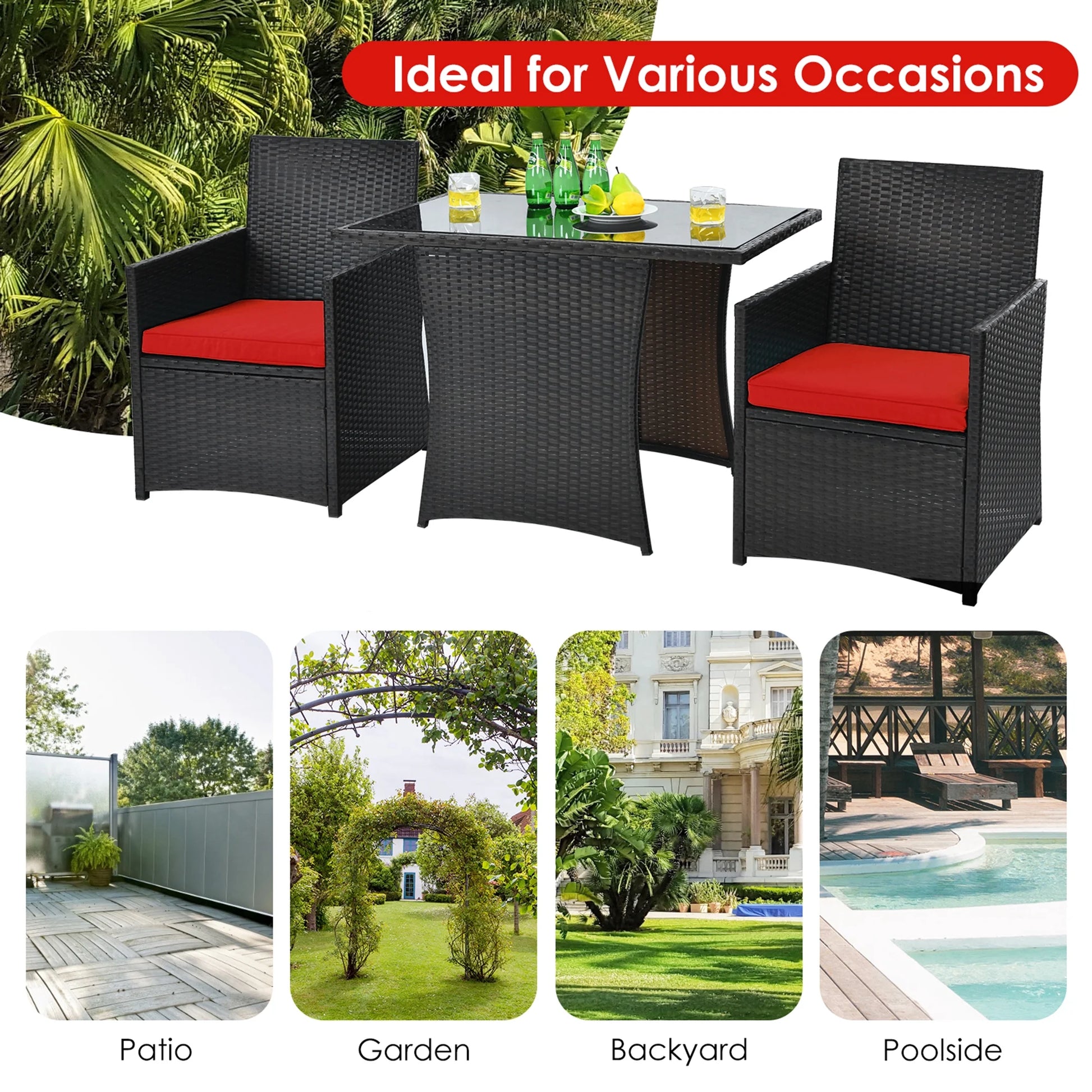 Gymax 3PCS Patio Wicker Bistro Set PE Rattan Dining Table Set w/Red Cushions