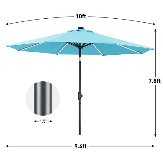 Autlaycil 10 FT Solar LED Lighted Patio Umbrella with LED Table Umbrella with 8 LED Strip Lights, Fade-resistant & Waterproof for Garden, Backyard, Poolside, Push Button Tilt (Blue)