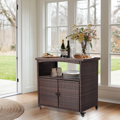 Zimtown Outdoor Patio Ratten Bar Counter Table w/Handrai and 2 Doors, 4 Wheel Water-proof Wicker Bar Table, Storage Cabinet Cart, Brown