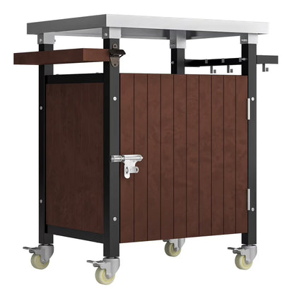IVV BBQ Grill Storage Cart/Bin, Outdoor Storage Cabinet on Wheels, Metal Kitchen Dining Table Cooking Prep Table with Wheels, Hooks, and Spice Rack, for Patio Island Home Party Bar (Brown)