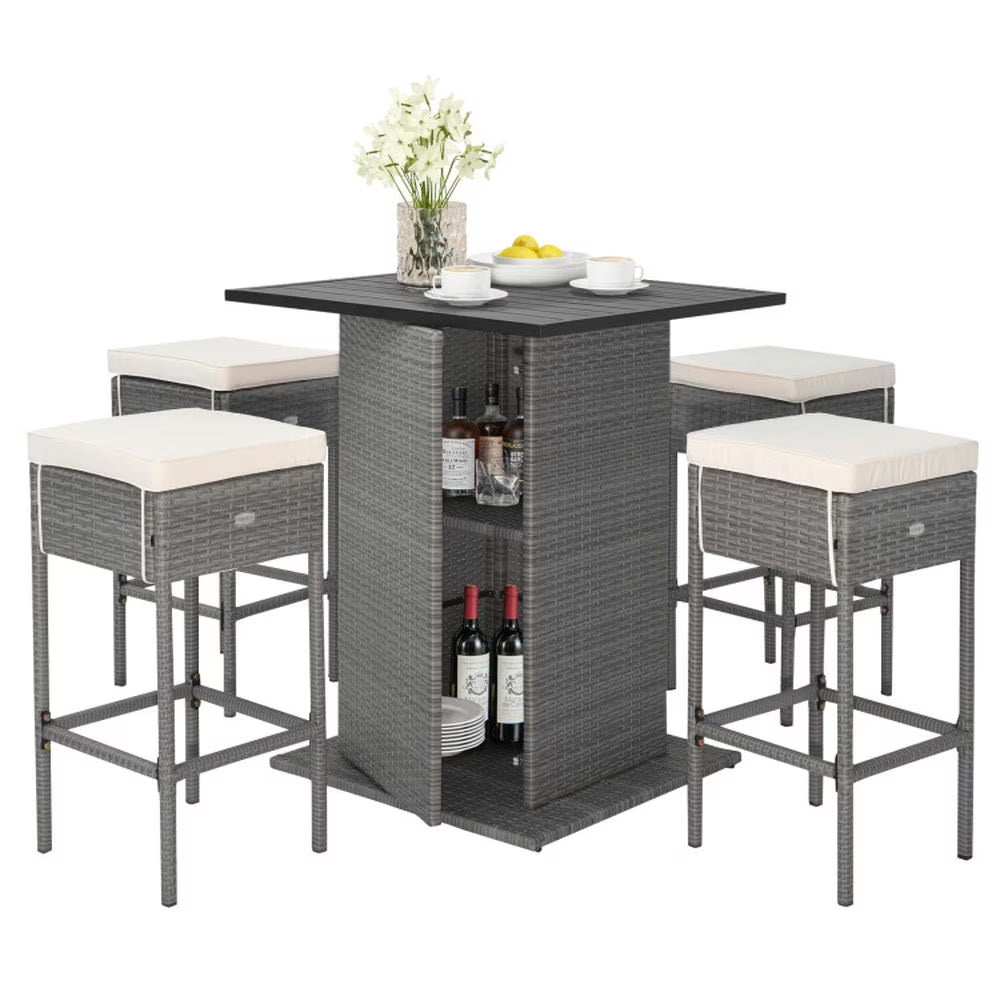Topcobe 5 Pieces Outdoor Wicker Bar Table Set with Hidden Storage Shelves, Outdoor Patio Furniture for Garden Backyard Pool Deck-White