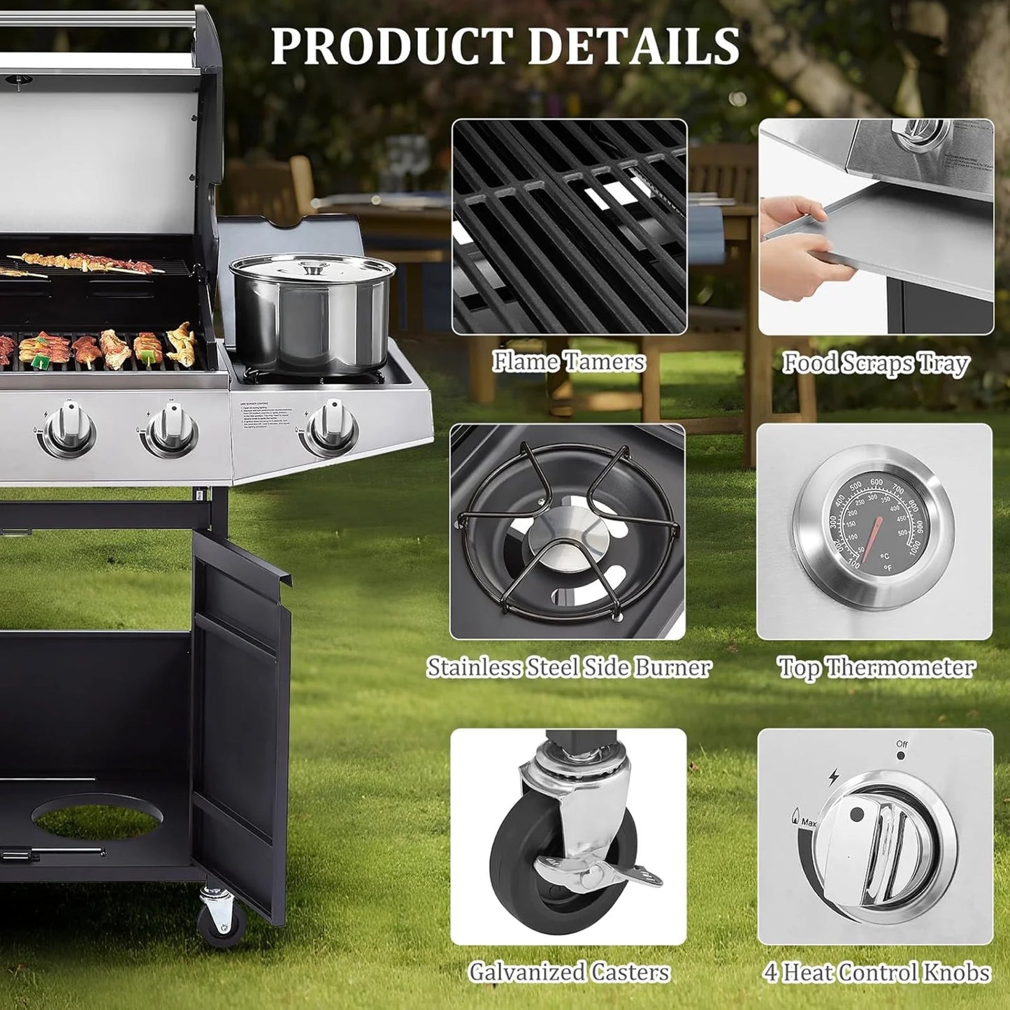 4-Burner Propane Gas BBQ Grill with Side Burner, Stainless Steel Gas Grill with Rain Cover, 40,500 BTU High-Output, Built-in Thermometer for Outdoor, Backyard, Patio BBQ Cooking