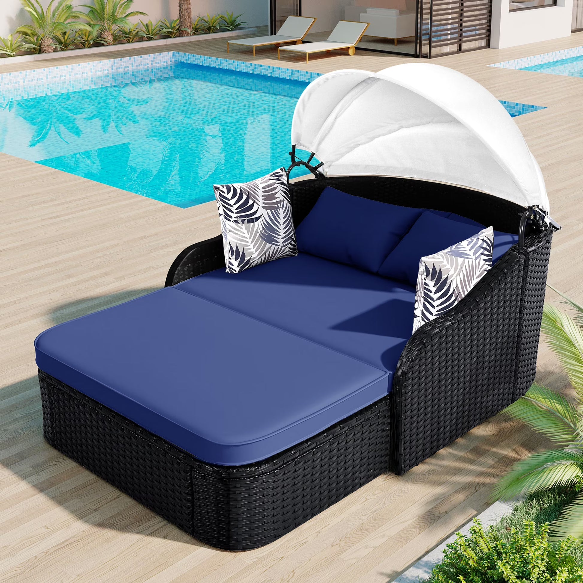 Harper & Bright Designs Rattan Outdoor Double Lounge Chaise 2-Person PE Wicker Outdoor Patio Sunbed with Canopy Cover for Backyard Garden Balcony, Beige+Black