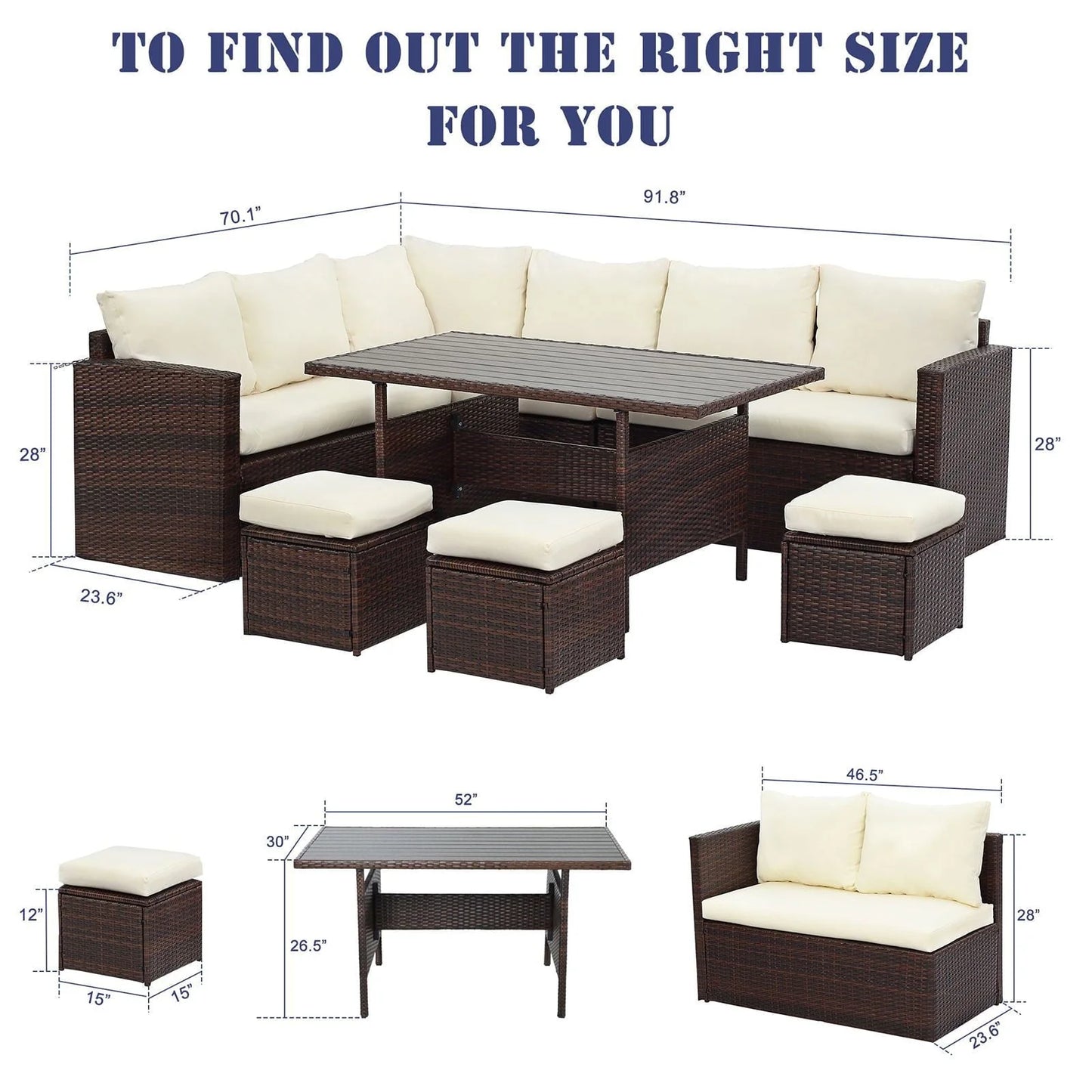 Superjoe 7 Pcs Outdoor Wicker Dining Set Patio Sectional Conversation Set with Table,Steel Frame,Ivory