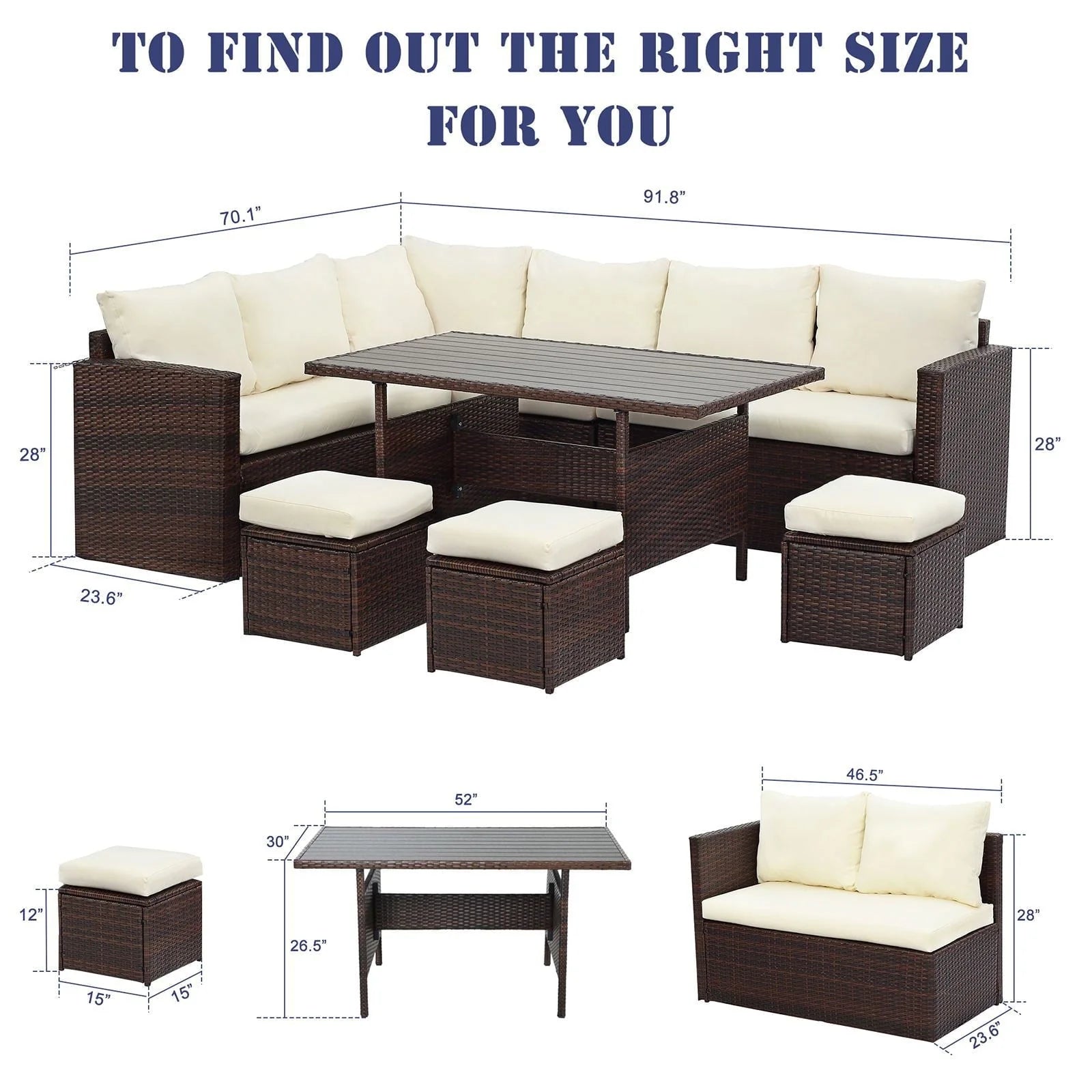Superjoe 7 Pcs Outdoor Wicker Dining Set Patio Sectional Conversation Set with Table,Steel Frame,Ivory