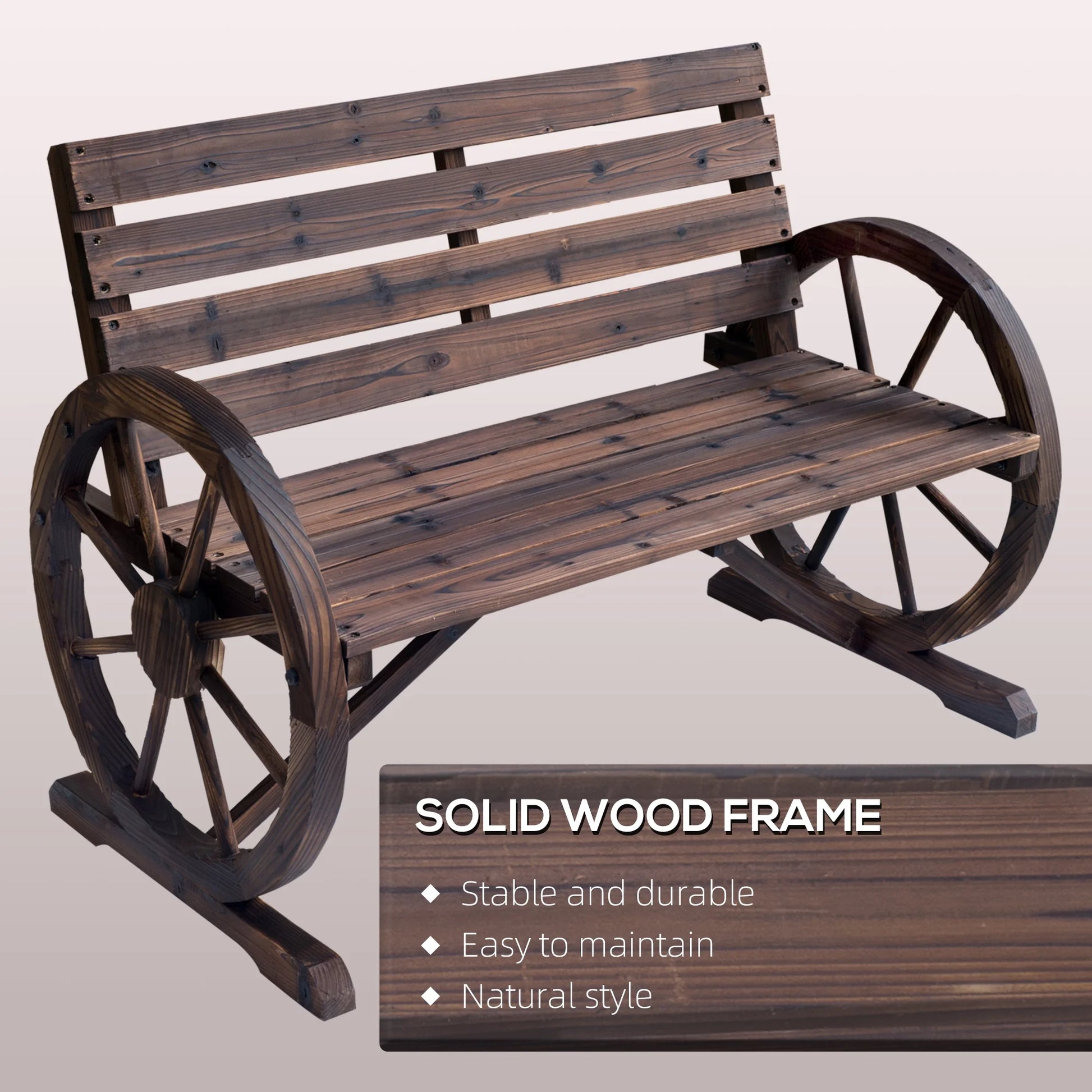 Outsunny Wooden Wagon Wheel Bench Rustic Outdoor Patio Furniture, 2-Person Seat Bench with Backrest Carbonized