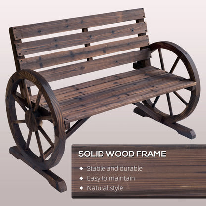 Outsunny Wooden Wagon Wheel Bench Rustic Outdoor Patio Furniture, 2-Person Seat Bench with Backrest Carbonized