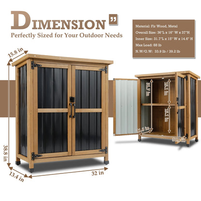 Outdoor Storage Cabinet Wood Storage Shed Waterproof Roof, Double Lockable Doors Garden Shed with Removable Shelves for Patio, Garden