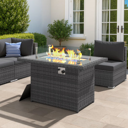 RADIATA 43" Aluminum Propane Fire Pit Table, 60,000 BTU Outdoor Gas Firepit, Rectangle CSA-Certified Patio Fireplace with Wind Guard & Glass Rocks, Rust-Proof Dark Gray Fire Table for Deck Poolside