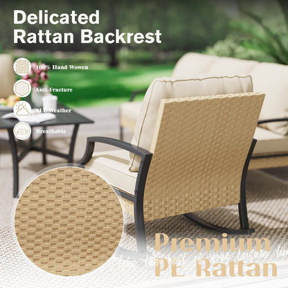AECOJOY Outdoor Patio Wicker Furniture Sets On Sale,Rattan Patio Conversation Sets With Rocking Chair For Porch,Beige