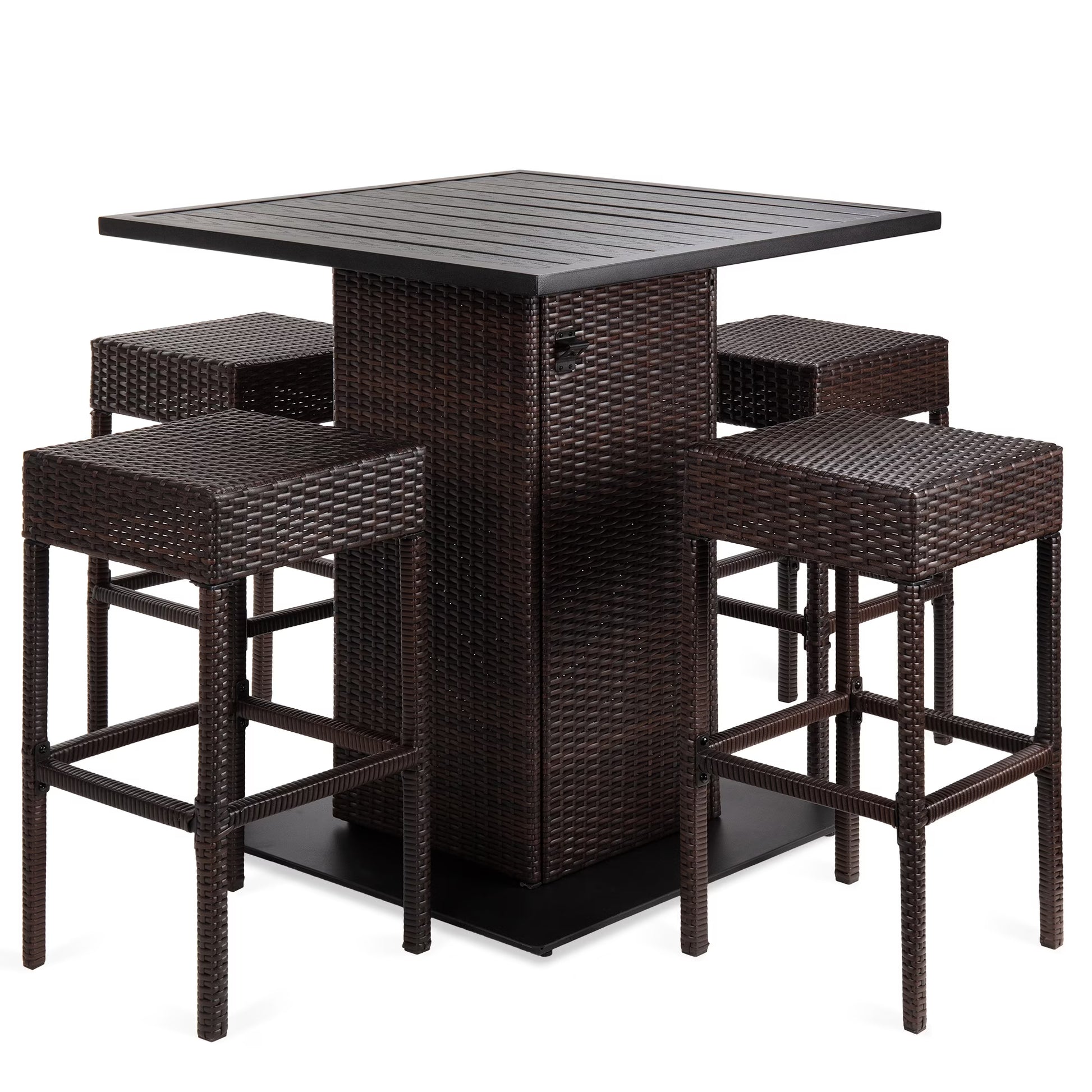 Best Choice Products 5-Piece Patio Wicker Bar Set w/Built-In Bottle Opener, Hidden Storage Shelf, 4 Stools - Brown