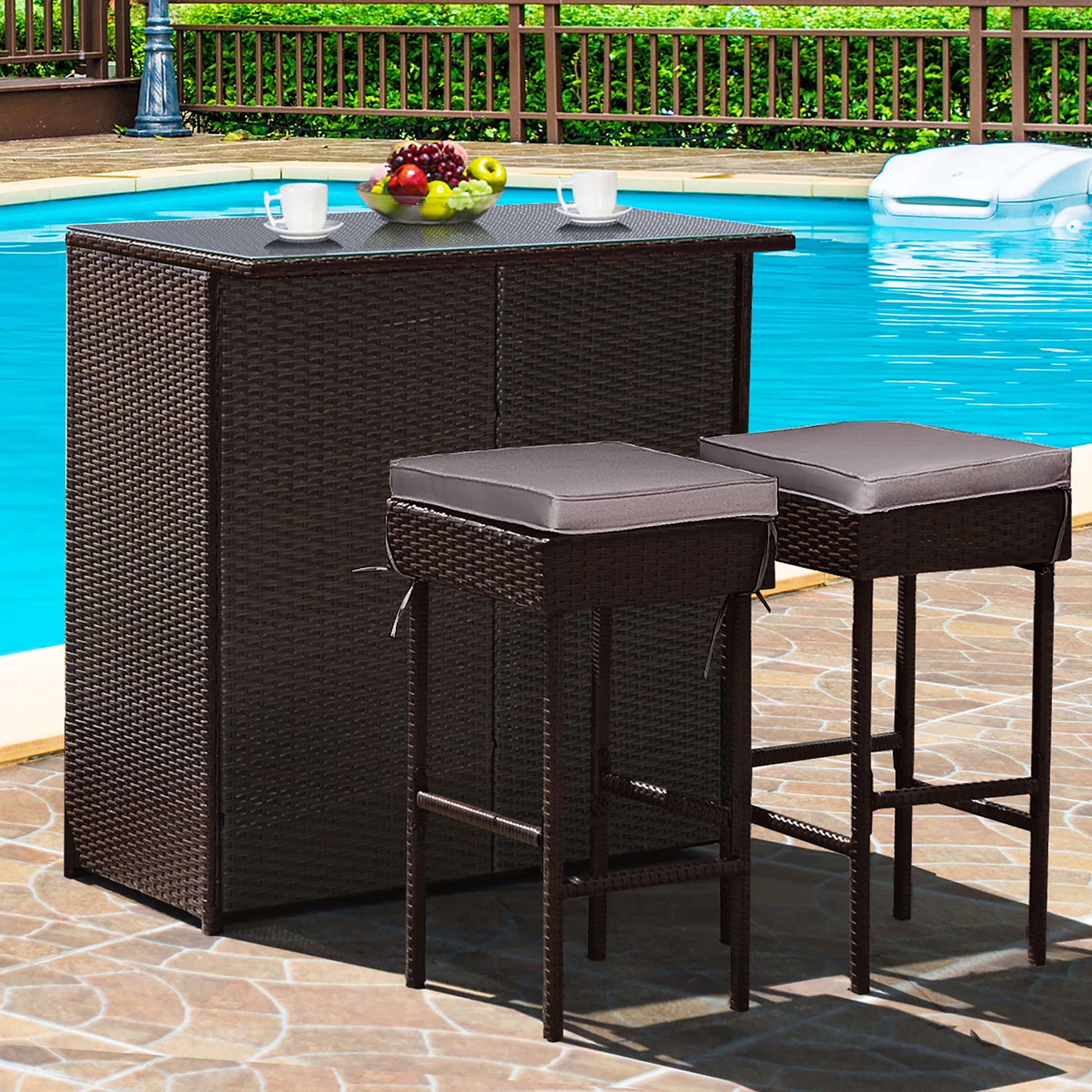 Costway Patio 3PCS Rattan Bar Table Stool Set Cushioned Chairs with Gray & Off white Cover