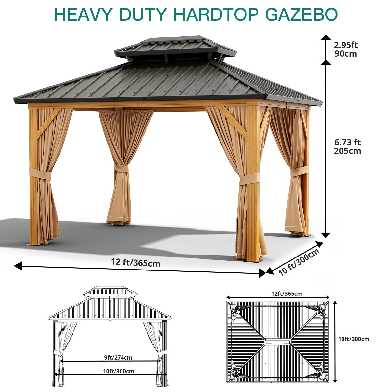 TROPOW 10x12ft Hardtop Gazebo Double Roof with Nettings and Curtains,Aluminum Frame,Wood Grain Heavy Duty Galvanized Steel Outdoor Combined of Vertical Stripes Roof for Garden,Patio,Lawns,Parties