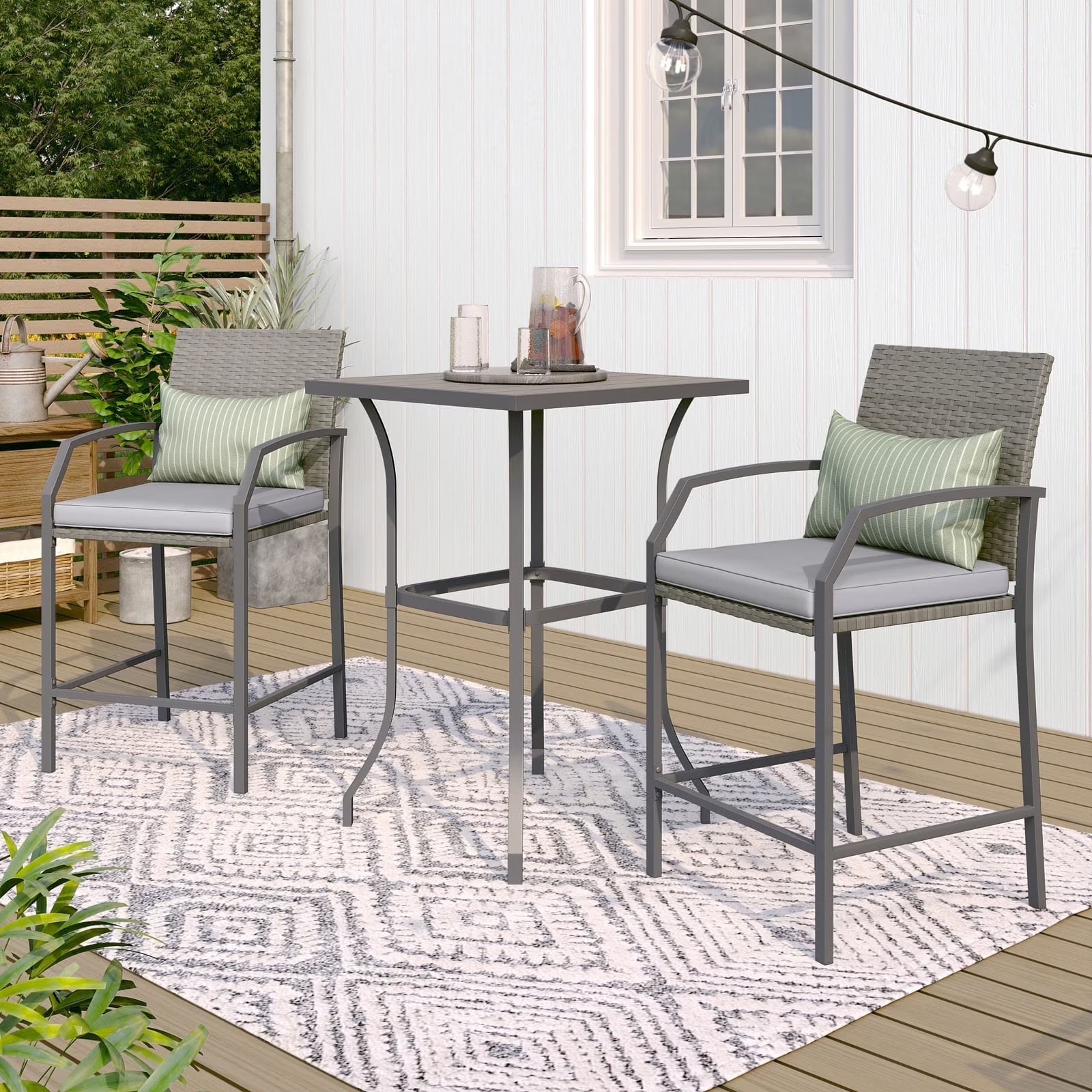 OC Orange-Casual Patio Bar Set, All-Weather Wicker, 2 Height Rattan Bar Stools with Wood Grain Top Coffee Table, for Porch, Garden, Bistro, Grey Cushion, 3-Piece