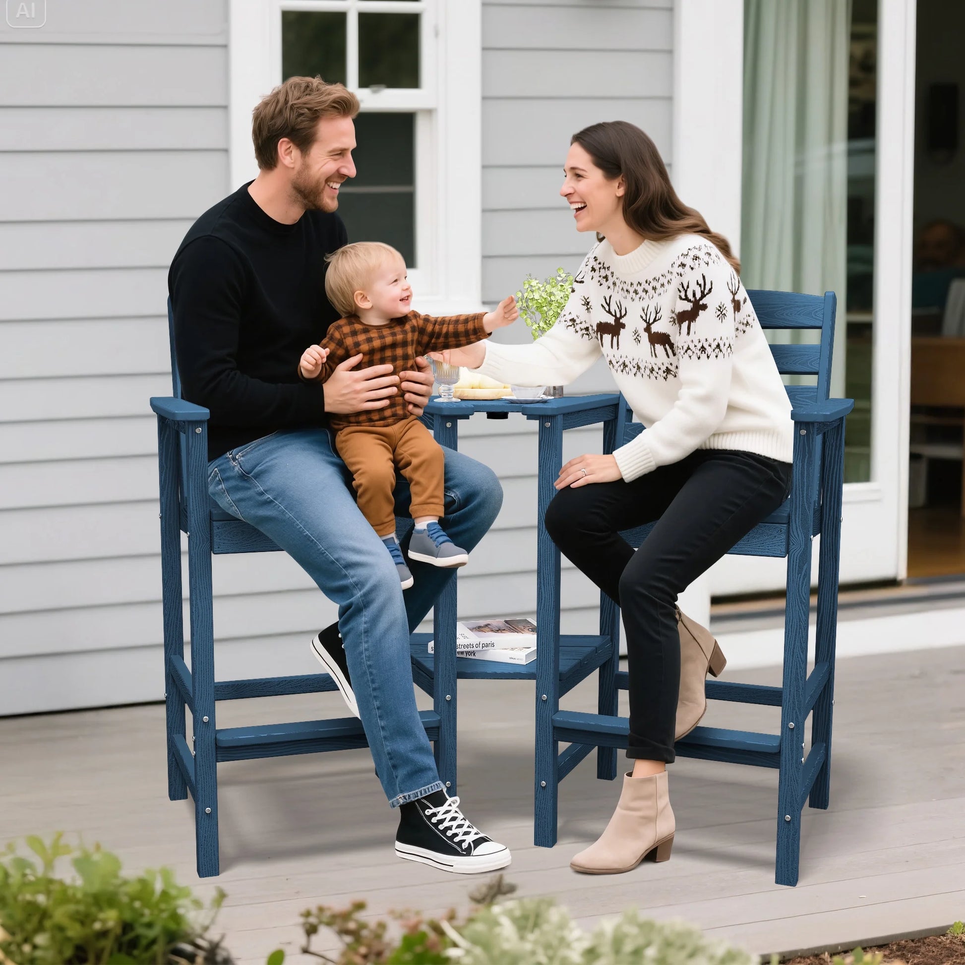 JUSTLET Tall Adirondack Chair Set of 2 with Double Connecting Tray, HDPE Outdoor Weather Resistant Patio Bar Stools for Patio, Balcony, Porch, Navy Blue