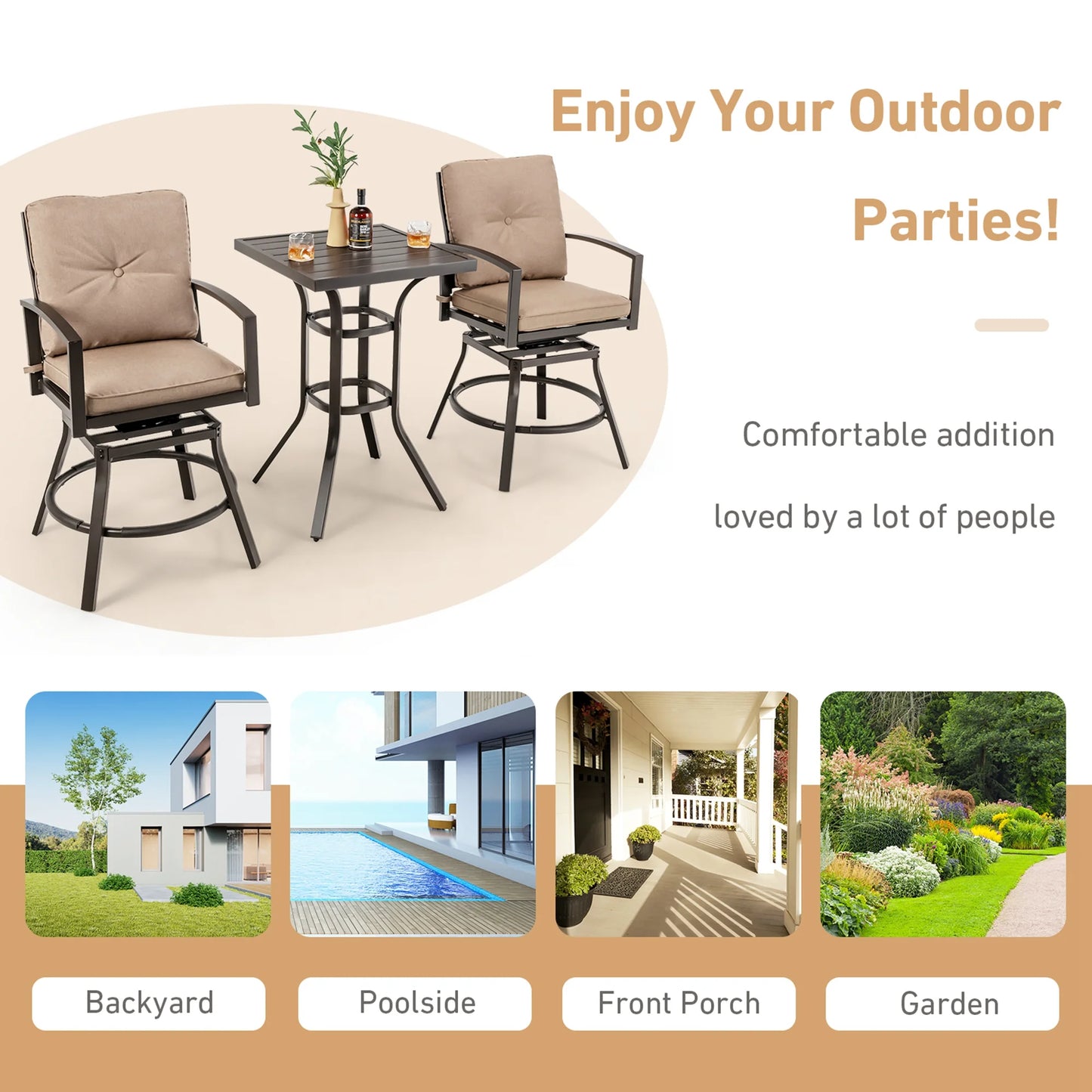 Costway Patio 3pcs Swivel Bar Height Bistro Set Cushioned Table Stools Furniture Outdoor