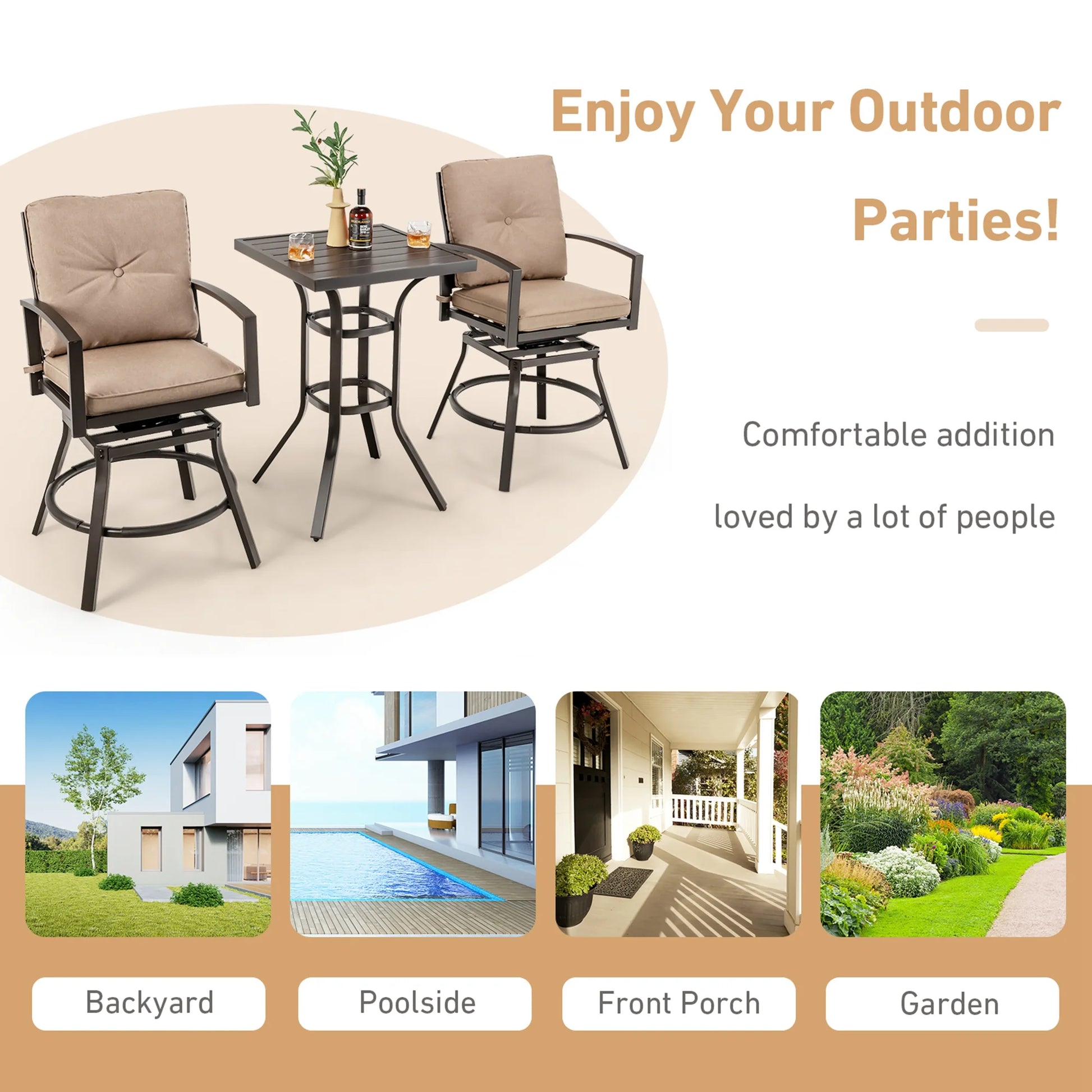 Costway Patio 3pcs Swivel Bar Height Bistro Set Cushioned Table Stools Furniture Outdoor
