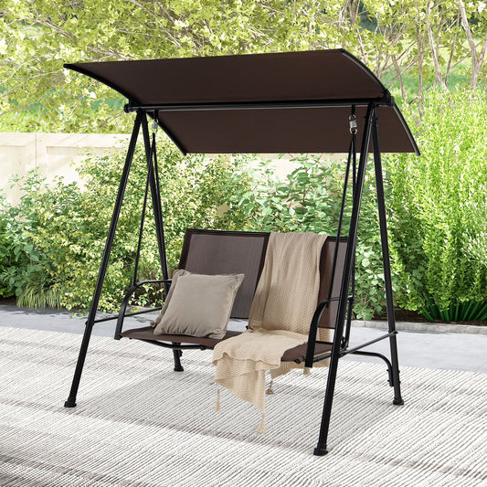 Gymax 2-Person Patio Swing Seat Swing Bench Canopy Swing Loveseat Outdoor Dark Brown