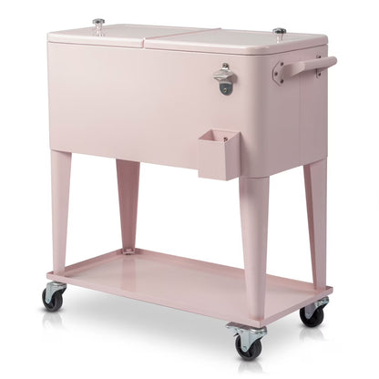 80 QT Rectangular Rolling Cooler Cart with Wheels, Portable Ice Chest with Bottle Opener and Storage Shelf, Outdoor Beverage Cart Ice Chest Cart for Patio Party, Picnic, BBQ, Camping, Red &White