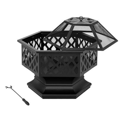 Outdoor Wood Burning Fire Pit, 24" Hexagon Metal Fire Pit for Patio with Poker, Spark Screen, Hex Shaped Fire Pit BBQ Grill, Garden Firepit Stove for Camping Picnic Bonfire Backyard, JA2419