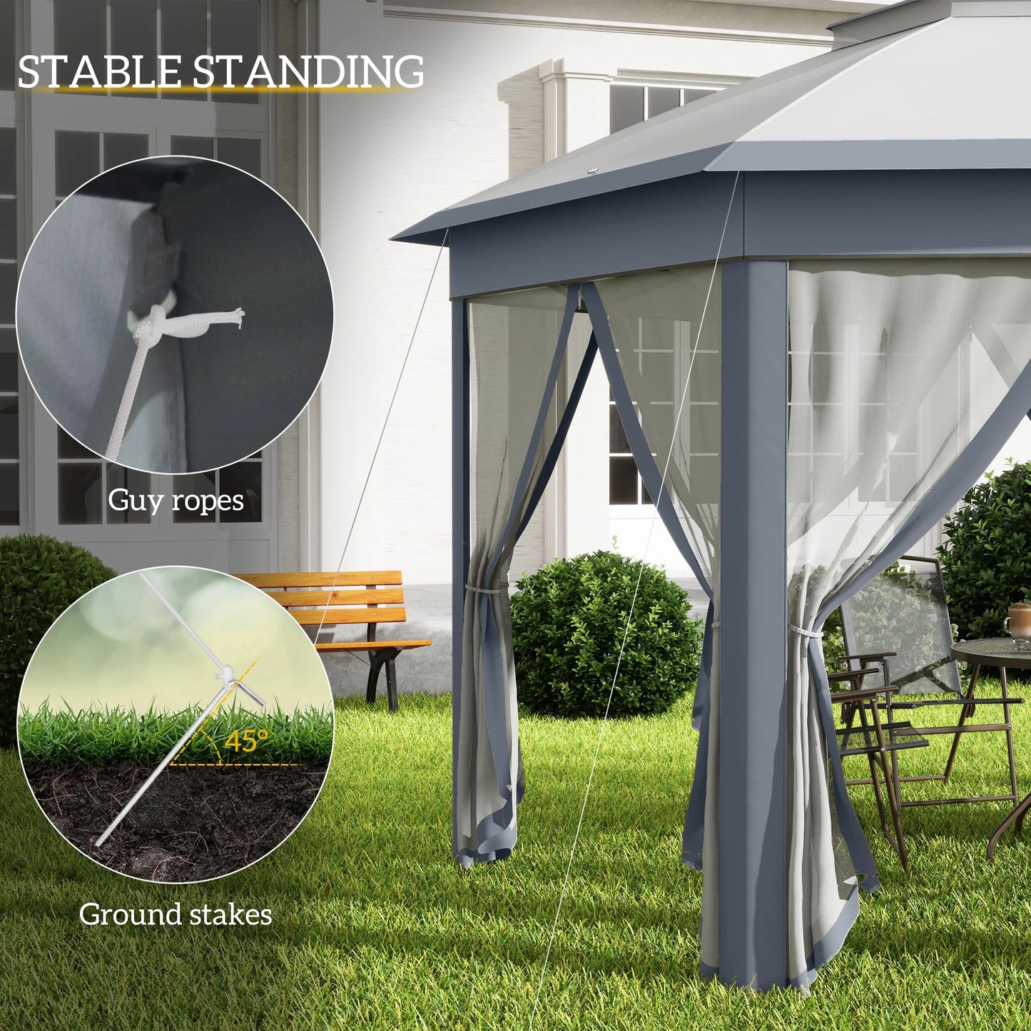 Outsunny 13' x 13' Pop Up Gazebo Hexagonal Canopy with 6 Zippered Mesh Netting, 2-Tier Roof Event Tent with Steel Frame for Patio Backyard, Gray