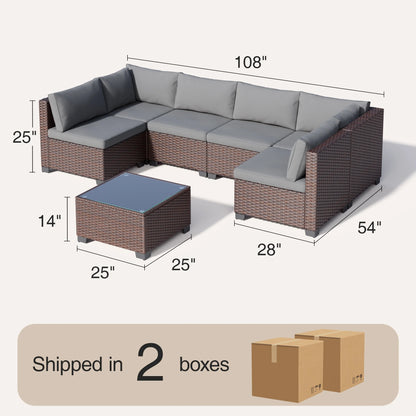 Aiho 7-Piece Rattan Patio Furniture Set , Outdoor Sectional Furniture Set for Patio, Garden, Backyard, Grey