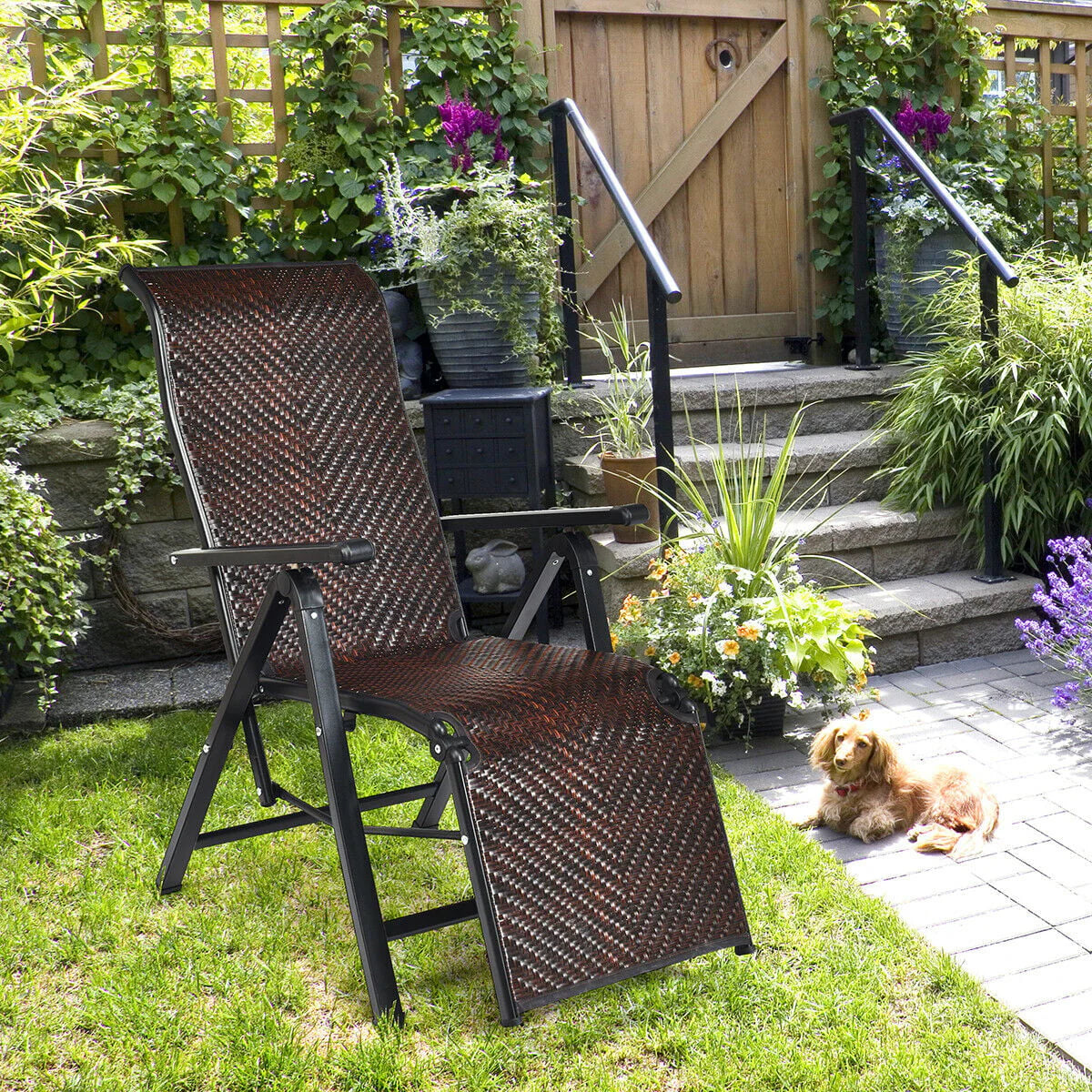 Gymax 2PCS Patio Rattan Folding Lounge Chair Recliner Back Adjustable Beach Yard Pool