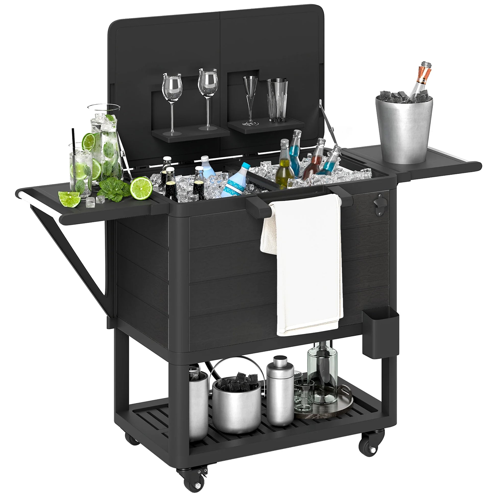 Outsunny 104 Quart Patio Cooler Cart, Outdoor Beverage Rolling Ice Chest with Bottle Opener and Shelves for Pool Deck BBQ Cookouts Party, Black
