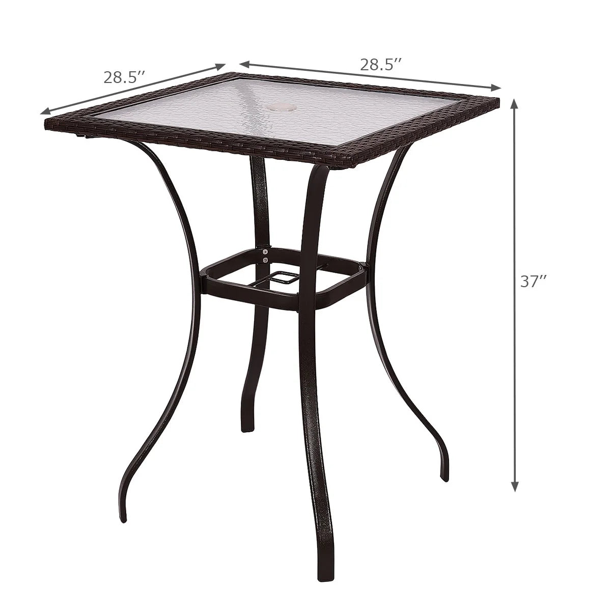 Patiojoy Patio 28.5" Square Bar Table with Umbrella Hole and Glass Top, Black
