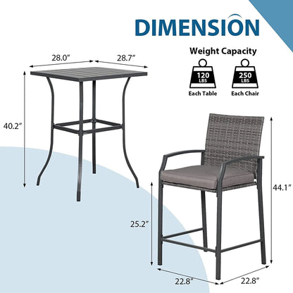 Patio Bar Set, 3 Piece Outdoor Wicker Bistro Set, All-weather Rattan Height Bar Stools with Cushions, Wood Top Bar Height Table Bistro Bar Set for 2 people, for Backyard, Patio, Pool, Garden