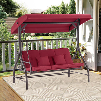 MCombo 3-Seat Outdoor Patio Swing Chair Cushioned with Adjustable Backrest and Canopy, Pillow, Brown