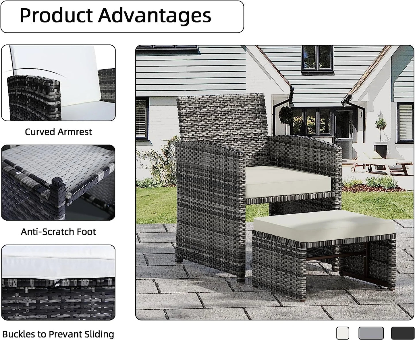6 Piece Patio Furniture Conversation Set with Ottoman, Outdoor Black& Grey Wicker Chair and Table Set with Beige Cushion, Balcony Furniture for Apartments. (Black)