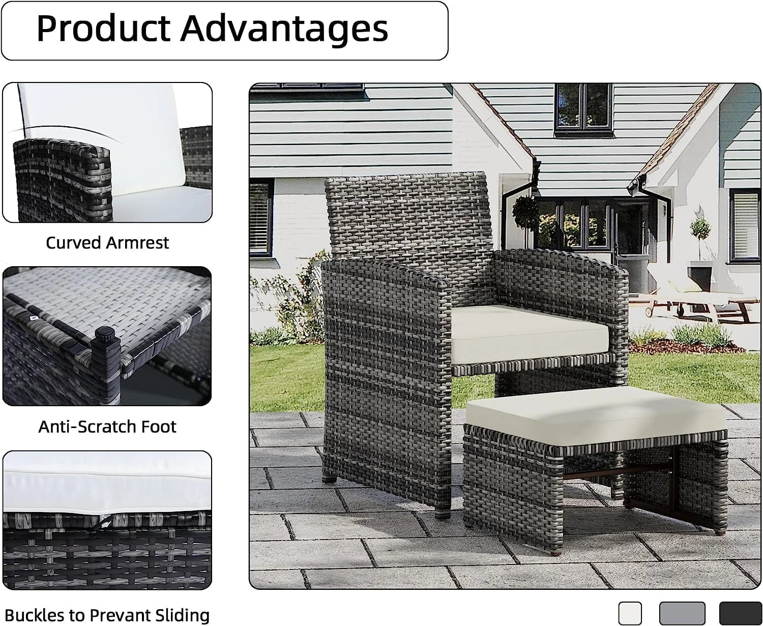 6 Piece Patio Furniture Conversation Set with Ottoman, Outdoor Black& Grey Wicker Chair and Table Set with Beige Cushion, Balcony Furniture for Apartments. (Black)