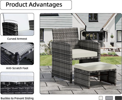 6 Piece Patio Furniture Conversation Set with Ottoman, Outdoor Black& Grey Wicker Chair and Table Set with Beige Cushion, Balcony Furniture for Apartments. (Black)