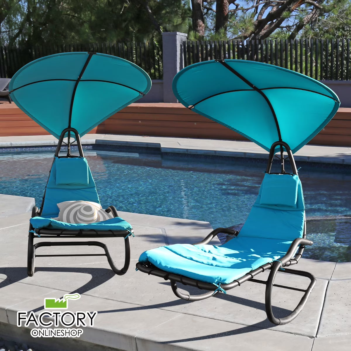 2X Rocking Hanging Lounge Chair - Curved Chaise Rocking Lounge Chair Swing For Backyard Patio w/Built-in Pillow Removable Canopy with stand {Green}