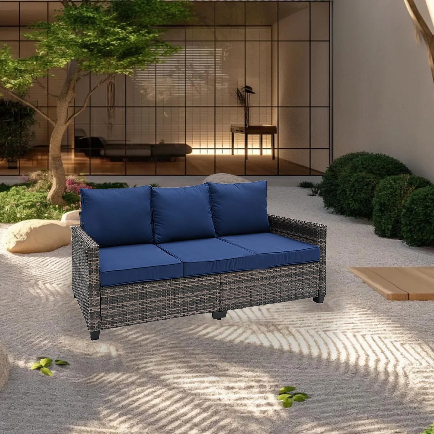 Decksplore All Weather Wicker Patio Couch, 3 Seats Patio Sofa with High Curvy Back, Premium Outdoor Sofa with Brown Wicker and Thick Cushions for Garden, Backyard, Porch Navy Blue