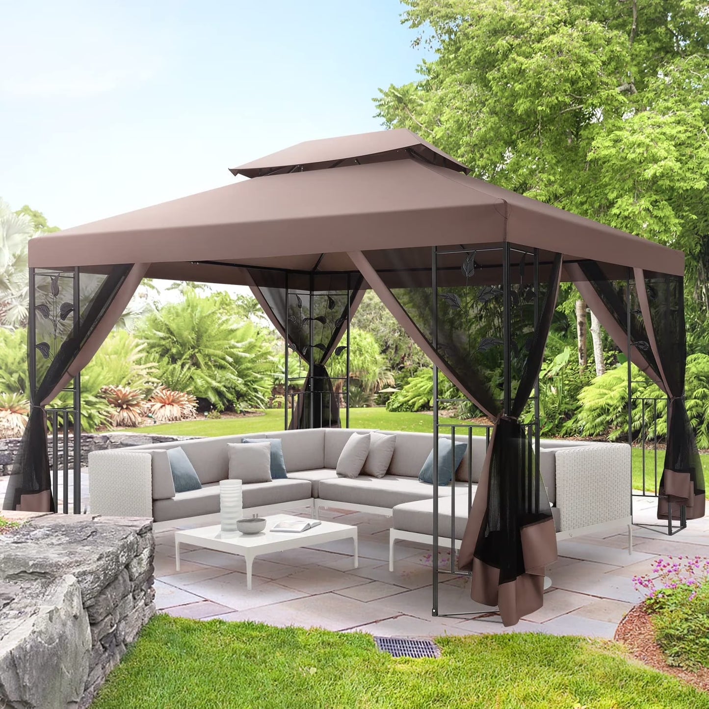 Hoteel 10'x 13' Metal Patio Gazebo, Outdoor Gazebo Canopy Tent for Backyard with Mosquito Netting, Gazebos Shelter with Steel Frame, Patio Covers for Shade and Rain, Khaki