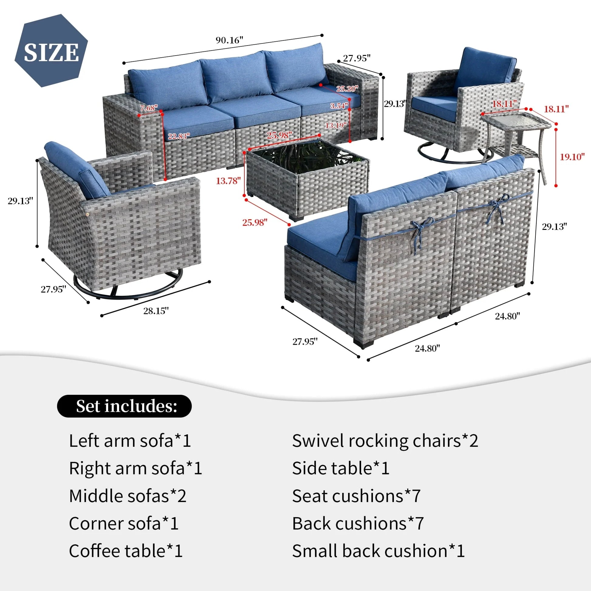 Ovios 9 Pieces Outdoor Patio Furniture with Swivel Rocking Chairs All Weather Wicker Patio Sectional Sofa for Balcony
