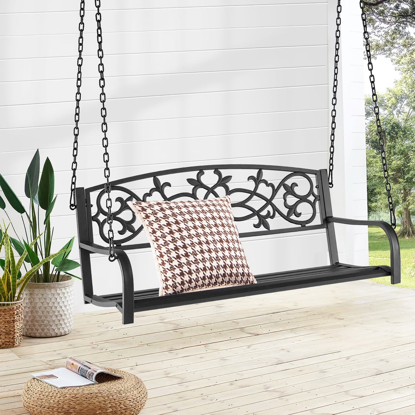 Costway 2-Person Metal Outdoor Porch Swing Hanging Patio Bench 485 Lbs Capacity Brown