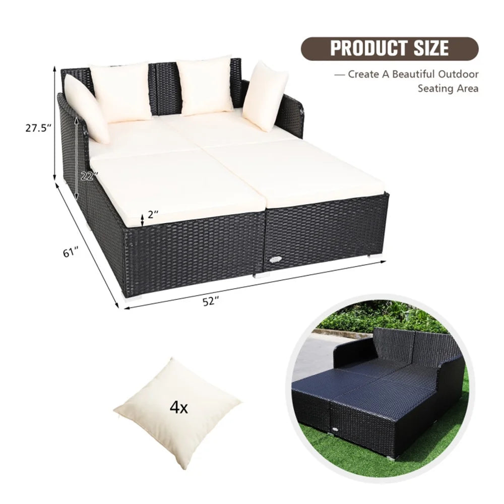 Resenkos Outdoor Patio Rattan Wicker Daybed Sectional Conversation Double Chaise Lounge, White Resistant Cushions